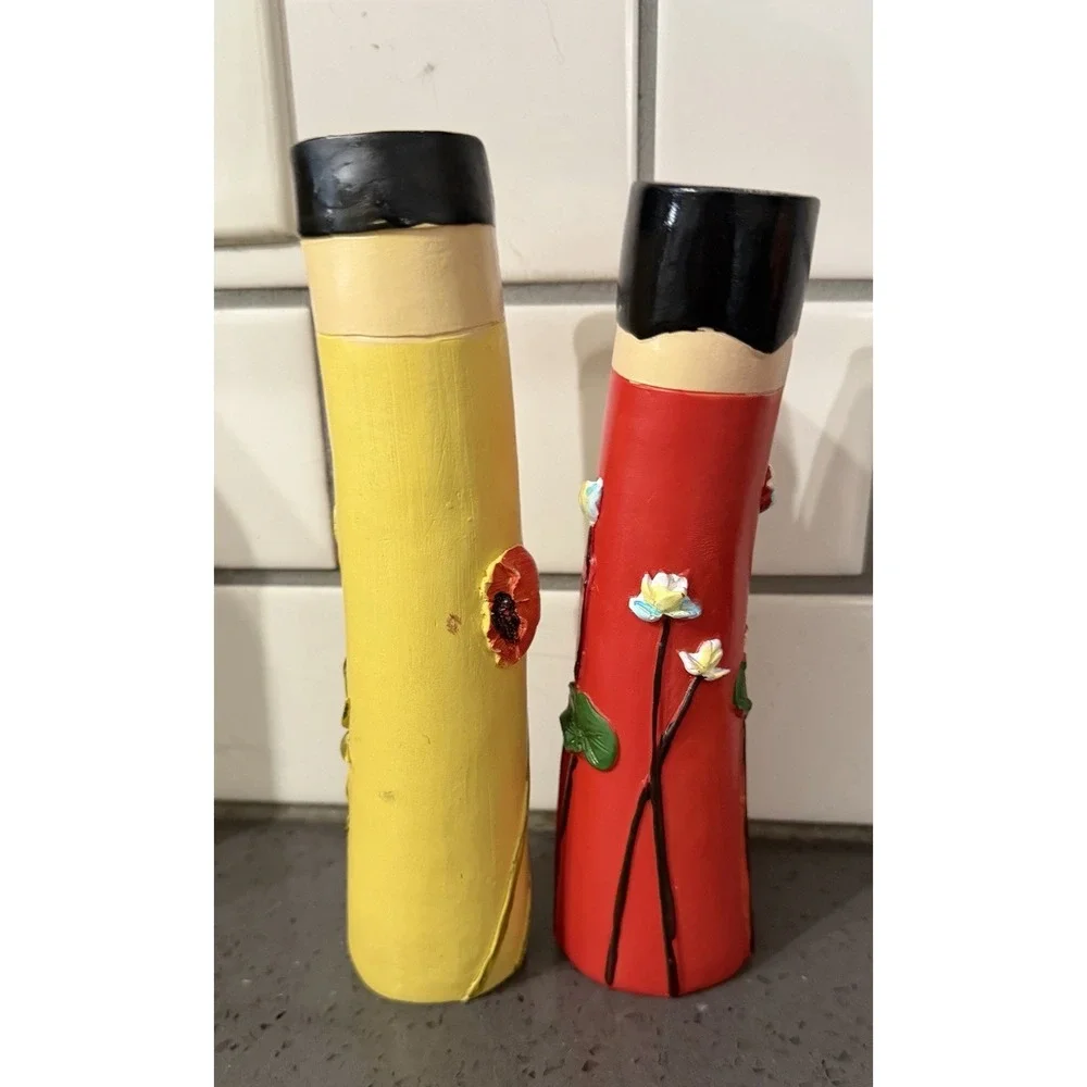 Boho Bud Vases Lot Of 2 Painted Resin Red Yellow Flower Floral